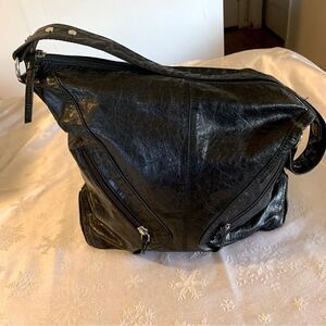 Black Leather Handbag Boho Satchel Vintage Front Zip Pockets Gorgeous made India